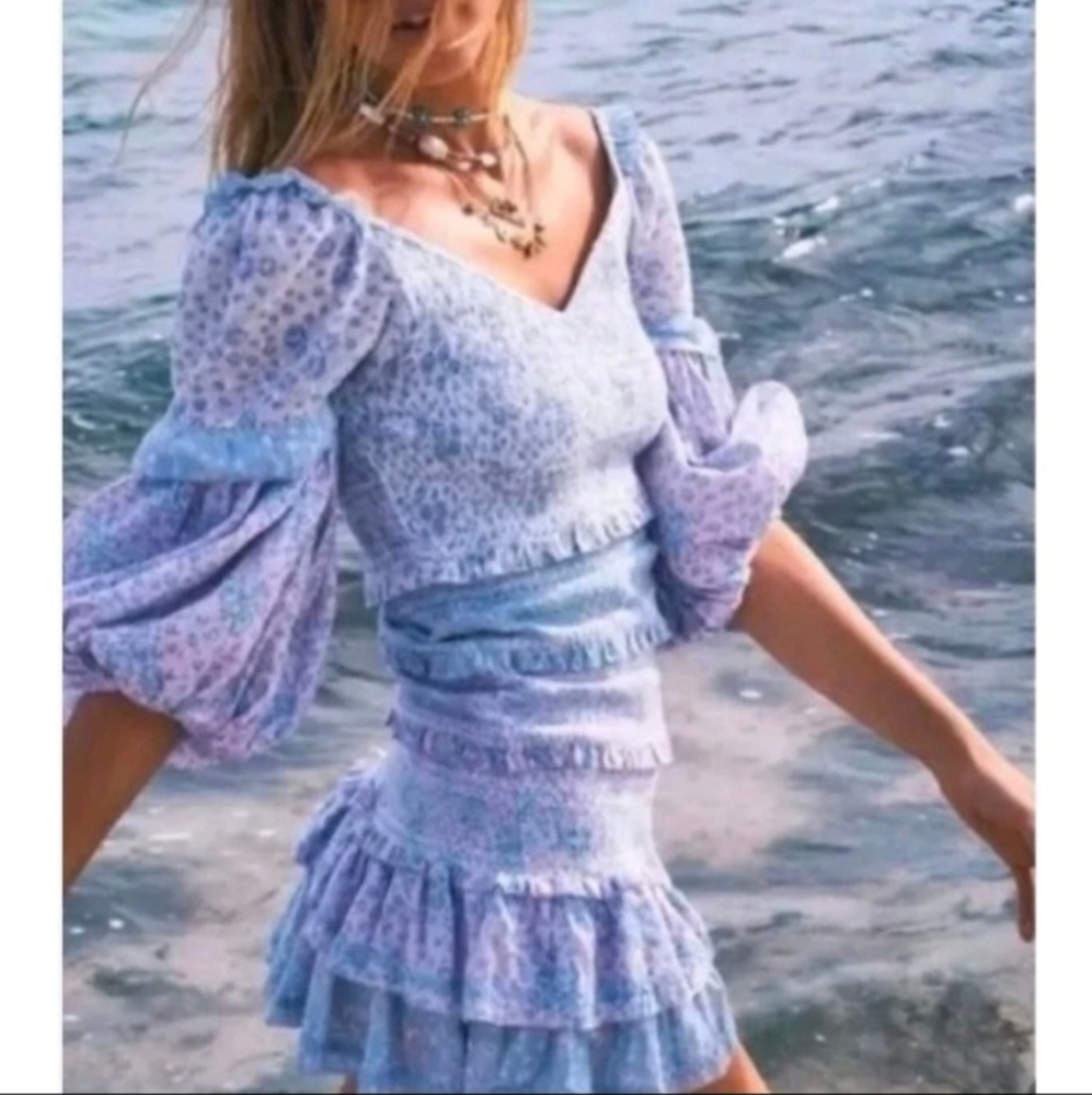 Yvonne & Love Smocked Pastel Ruffle Tiered Long Sleeve Floral Mini Dress Small